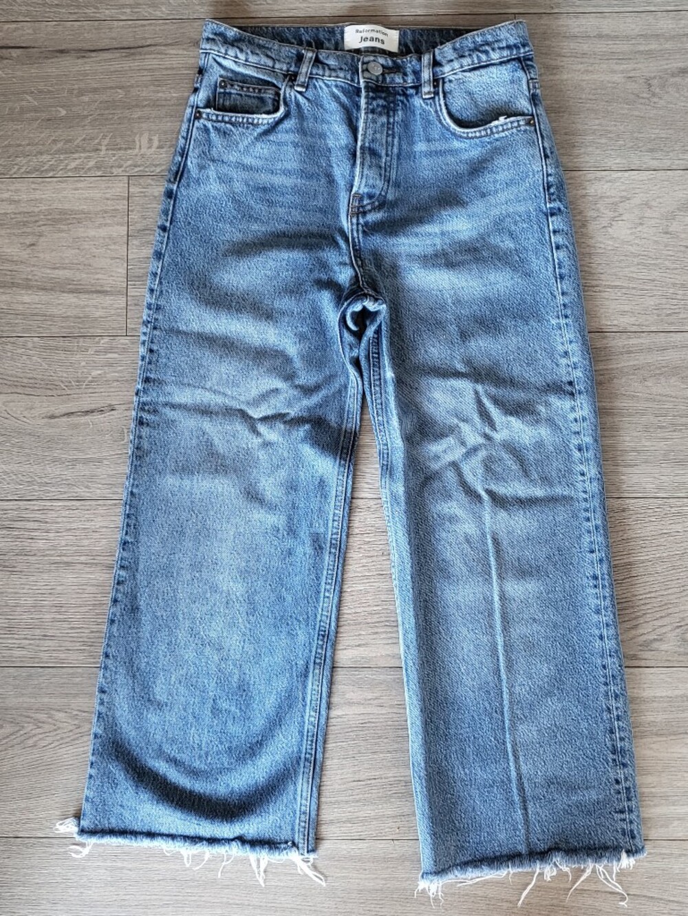 Reformation Jeans 25 High Waist Wide Leg Raw Hem Cropped Sydney Wash Button Fly